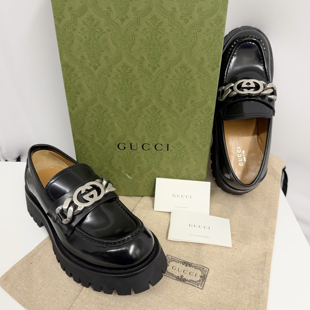 Gucci Leather Silver Metal GG Logo Chain Lug Sole Shoes Black NIB 2 Sacs 38 1/2